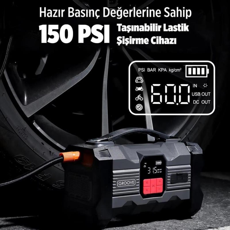 GROOVE ZK004 26800mAh 4500A Akü Takviye Cihazı +Lastik Şişirme Kompresörlü Taşınabilir Jump Starter (Kompresör+Powerbank+Led Lamba+LCD Ekran)