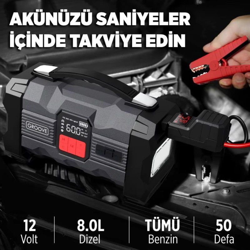 GROOVE ZK004 26800mAh 4500A Akü Takviye Cihazı +Lastik Şişirme Kompresörlü Taşınabilir Jump Starter (Kompresör+Powerbank+Led Lamba+LCD Ekran)