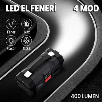 GROOVE ZK004 26800mAh 4500A Akü Takviye Cihazı +Lastik Şişirme Kompresörlü Taşınabilir Jump Starter (Kompresör+Powerbank+Led Lamba+LCD Ekran) - Thumbnail