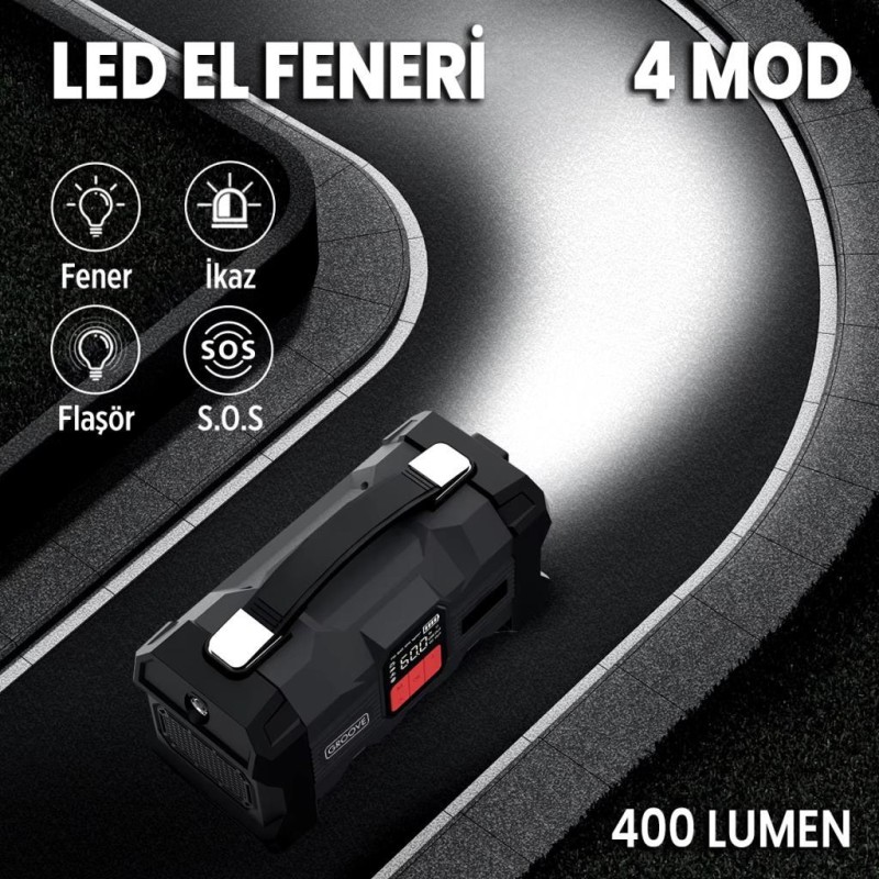 GROOVE ZK004 26800mAh 4500A Akü Takviye Cihazı +Lastik Şişirme Kompresörlü Taşınabilir Jump Starter (Kompresör+Powerbank+Led Lamba+LCD Ekran)
