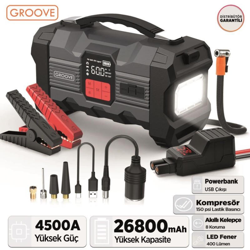 GROOVE ZK004 26800mAh 4500A Akü Takviye Cihazı +Lastik Şişirme Kompresörlü Taşınabilir Jump Starter (Kompresör+Powerbank+Led Lamba+LCD Ekran)