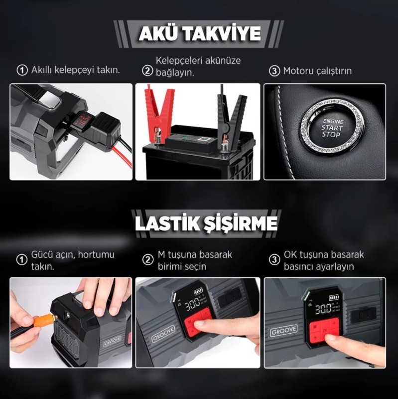 GROOVE ZK004 26800mAh 4500A Akü Takviye Cihazı +Lastik Şişirme Kompresörlü Taşınabilir Jump Starter (Kompresör+Powerbank+Led Lamba+LCD Ekran)