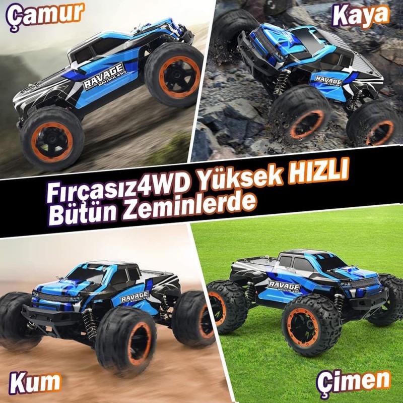 HAIBOXING RC 1/16 Ravage 45+ KM/H Sürat Uzaktan Kumandalı RC Model Araba RTR Elektrikli 4WD Brushless Fırçasız Offroad Truck (Mavi) (ÖN SİPARİŞ TAHMİNİ TESLİMAT 5 AĞUSTOS)