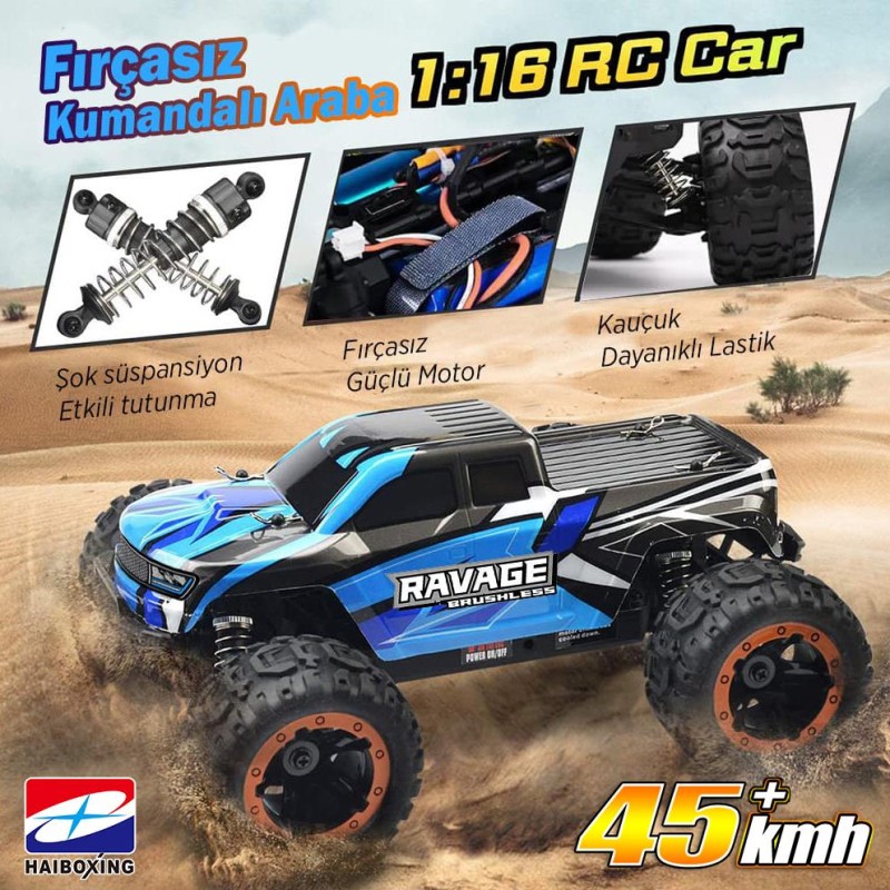 HAIBOXING RC 1/16 Ravage 45+ KM/H Sürat Uzaktan Kumandalı RC Model Araba RTR Elektrikli 4WD Brushless Fırçasız Offroad Truck (Mavi)