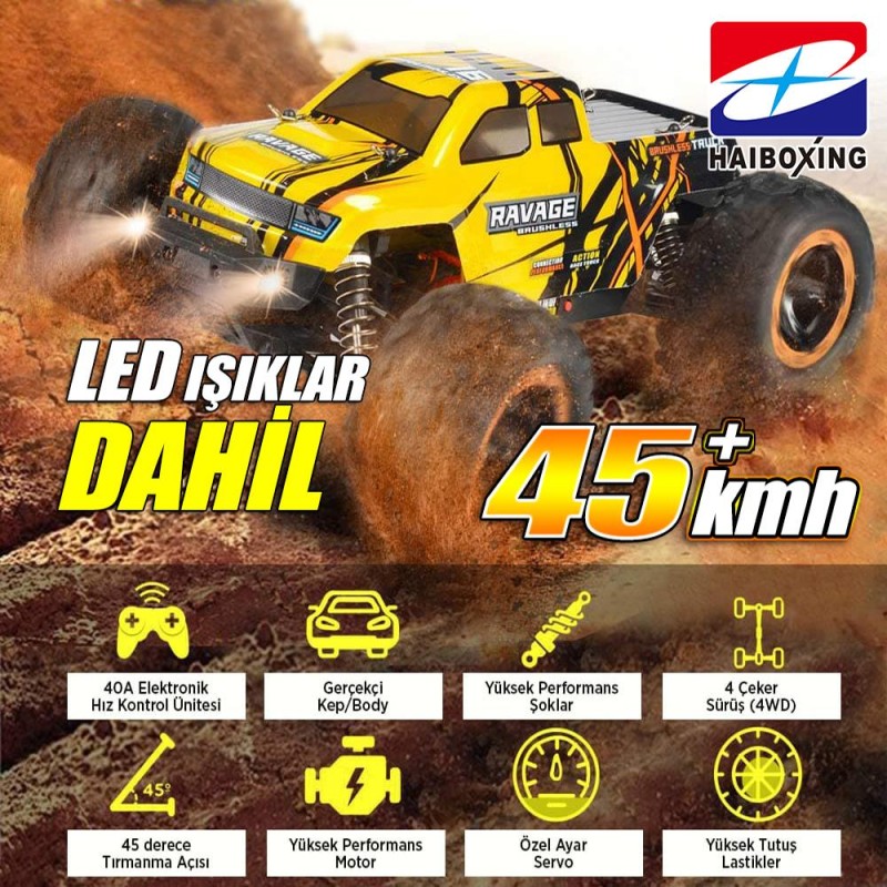 HAIBOXING RC 1/16 Ravage 45+ KM/H Sürat Uzaktan Kumandalı RC Model Araba RTR Elektrikli 4WD Brushless Fırçasız Offroad Truck (Sarı)