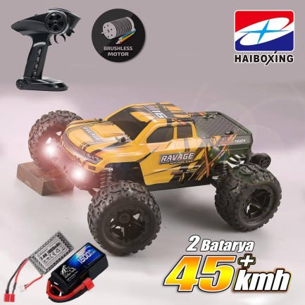 HAIBOXING RC 1/16 Ravage 45+ KM/H Sürat Uzaktan Kumandalı RC Model Araba RTR Elektrikli 4WD Brushless Fırçasız Offroad Truck (Sarı) + 1500 mAh 7.4V 2S 30C Lipo Batarya - Thumbnail