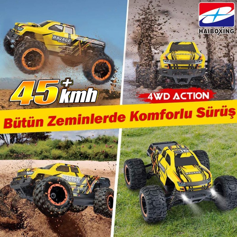 HAIBOXING RC 1/16 Ravage 45+ KM/H Sürat Uzaktan Kumandalı RC Model Araba RTR Elektrikli 4WD Brushless Fırçasız Offroad Truck (Sarı) + 1500 mAh 7.4V 2S 30C Lipo Batarya