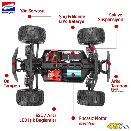 HAIBOXING RC 1/16 Destroyer 45 KM+ Sürat Uzaktan Kumandalı Model RC Model Araba RTR Elektrikli 4WD Brushless Fırçasız Truggy Truck (Turuncu) - Thumbnail