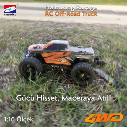 HAIBOXING RC 1/16 Ravage 45+ KM/H Sürat Uzaktan Kumandalı RC Model Araba RTR Elektrikli 4WD Brushless Fırçasız Offroad Truck (Turuncu) - Thumbnail