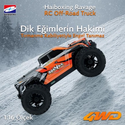 HAIBOXING RC 1/16 Ravage 45+ KM/H Sürat Uzaktan Kumandalı RC Model Araba RTR Elektrikli 4WD Brushless Fırçasız Offroad Truck (Turuncu) - Thumbnail