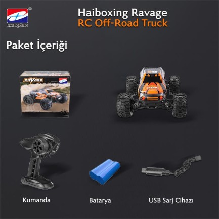 HAIBOXING RC 1/16 Ravage 45+ KM/H Sürat Uzaktan Kumandalı RC Model Araba RTR Elektrikli 4WD Brushless Fırçasız Offroad Truck (Turuncu) - Thumbnail