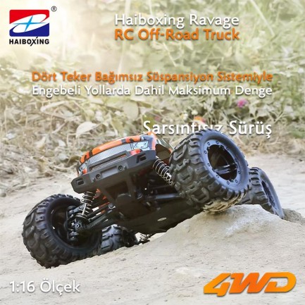 HAIBOXING RC 1/16 Ravage 45+ KM/H Sürat Uzaktan Kumandalı RC Model Araba RTR Elektrikli 4WD Brushless Fırçasız Offroad Truck (Turuncu) - Thumbnail