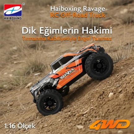 HAIBOXING RC 1/16 Ravage 45+ KM/H Sürat Uzaktan Kumandalı RC Model Araba RTR Elektrikli 4WD Brushless Fırçasız Offroad Truck (Turuncu) - Thumbnail
