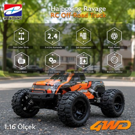 HAIBOXING RC 1/16 Ravage 45+ KM/H Sürat Uzaktan Kumandalı RC Model Araba RTR Elektrikli 4WD Brushless Fırçasız Offroad Truck (Turuncu) - Thumbnail