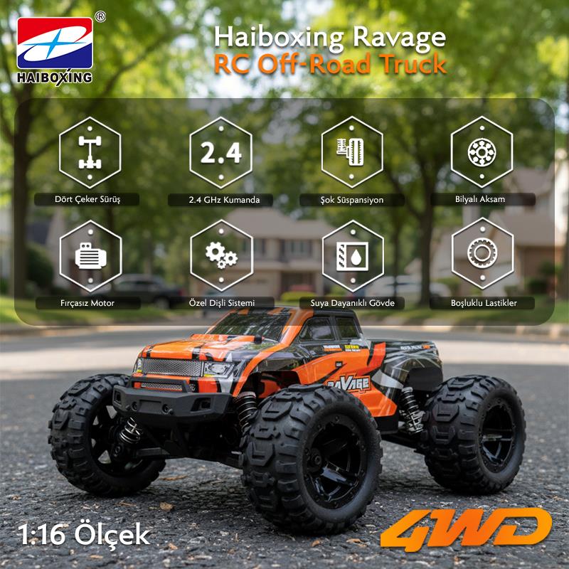 HAIBOXING RC 1/16 Ravage 45+ KM/H Sürat Uzaktan Kumandalı RC Model Araba RTR Elektrikli 4WD Brushless Fırçasız Offroad Truck (Turuncu)