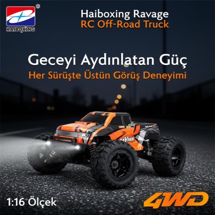 HAIBOXING RC 1/16 Ravage 45+ KM/H Sürat Uzaktan Kumandalı RC Model Araba RTR Elektrikli 4WD Brushless Fırçasız Offroad Truck (Turuncu) - Thumbnail