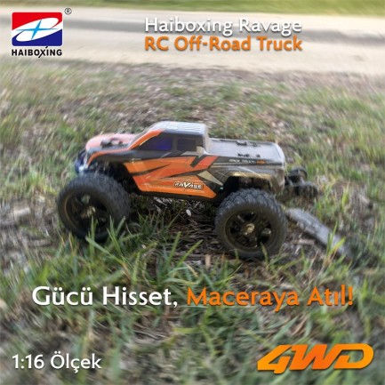 HAIBOXING RC 1/16 Ravage 45+ KM/H Sürat Uzaktan Kumandalı RC Model Araba RTR Elektrikli 4WD Brushless Fırçasız Offroad Truck (Turuncu) - Thumbnail