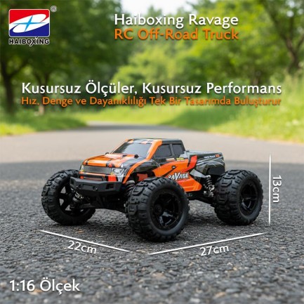 HAIBOXING RC 1/16 Ravage 45+ KM/H Sürat Uzaktan Kumandalı RC Model Araba RTR Elektrikli 4WD Brushless Fırçasız Offroad Truck (Turuncu) - Thumbnail