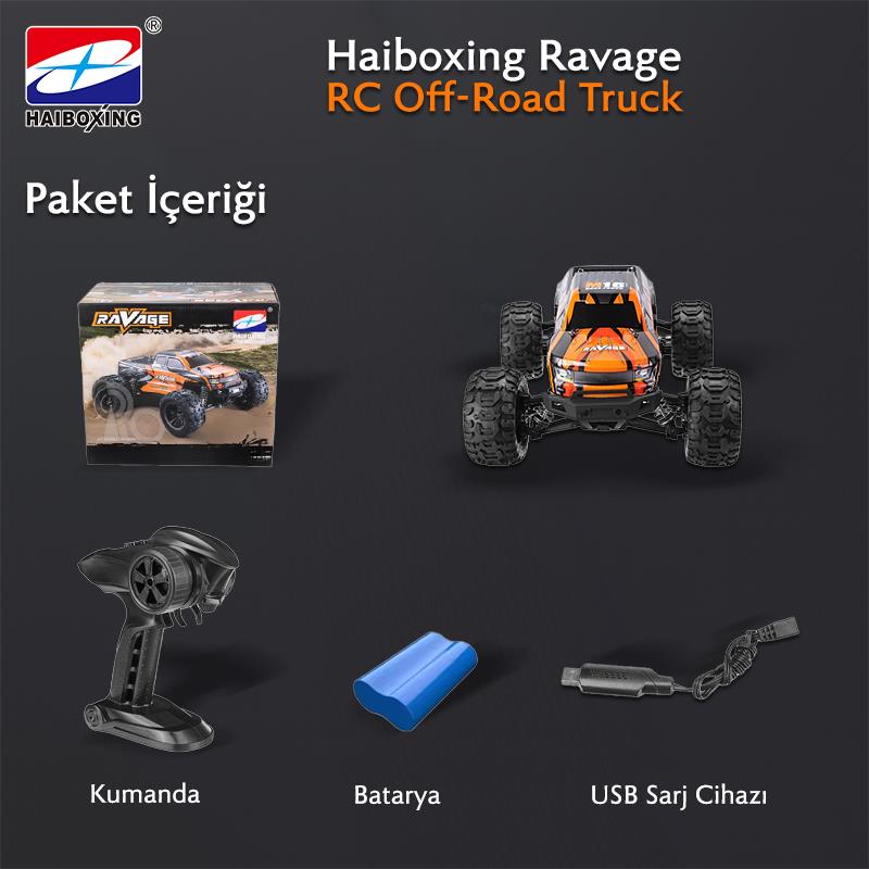 HAIBOXING RC 1/16 Ravage 45+ KM/H Sürat Uzaktan Kumandalı RC Model Araba RTR Elektrikli 4WD Brushless Fırçasız Offroad Truck (Turuncu)