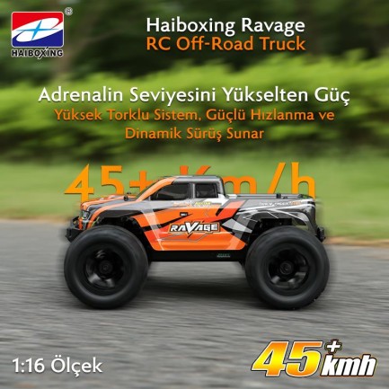 HAIBOXING RC 1/16 Ravage 45+ KM/H Sürat Uzaktan Kumandalı RC Model Araba RTR Elektrikli 4WD Brushless Fırçasız Offroad Truck (Turuncu) - Thumbnail