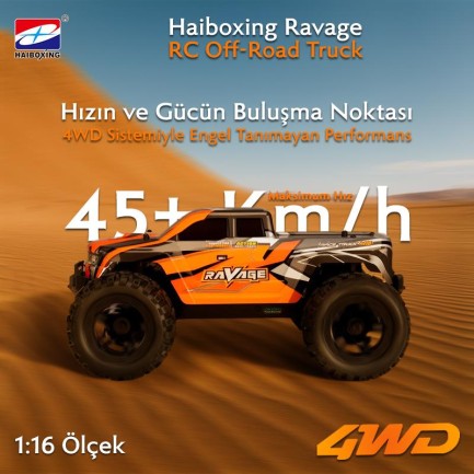 HAIBOXING RC 1/16 Ravage 45+ KM/H Sürat Uzaktan Kumandalı RC Model Araba RTR Elektrikli 4WD Brushless Fırçasız Offroad Truck (Turuncu) - Thumbnail