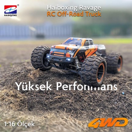 HAIBOXING RC 1/16 Ravage 45+ KM/H Sürat Uzaktan Kumandalı RC Model Araba RTR Elektrikli 4WD Brushless Fırçasız Offroad Truck (Turuncu) - Thumbnail