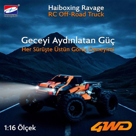 HAIBOXING RC 1/16 Ravage 45+ KM/H Sürat Uzaktan Kumandalı RC Model Araba RTR Elektrikli 4WD Brushless Fırçasız Offroad Truck (Turuncu) - Thumbnail