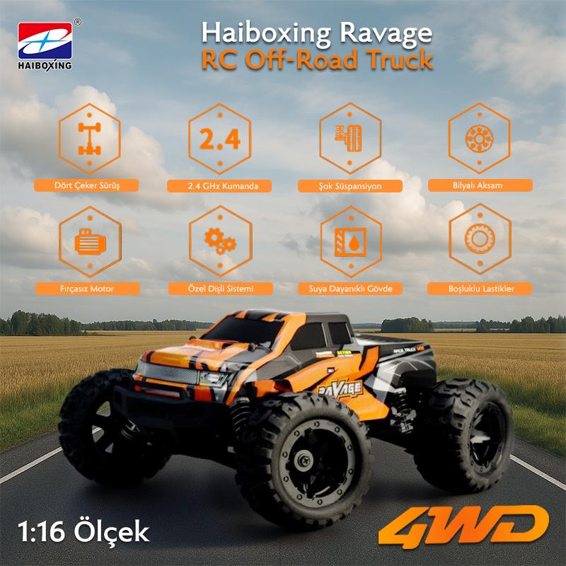 HAIBOXING RC 1/16 Ravage 45+ KM/H Sürat Uzaktan Kumandalı RC Model Araba RTR Elektrikli 4WD Brushless Fırçasız Offroad Truck (Turuncu)