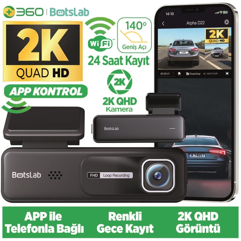360+ Botslab HK30 Pro 2K QHD WiFi 140° Geniş Açı Gece Görüşlü Akıllı Araç İçi Kamera