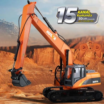 HUINA - HUINA 1551 1/14 Yüksek Kalite 15 Kanal RC Model Ekskavatör Paletli Kepçe Kazıcı Uzaktan Kumandalı Çok Fonksiyonlu RC İş Makinası - 2.4G Full Fonksiyon Sesli ve Işıklı Turuncu (Uzun Kol)