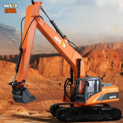 HUINA - HUINA 1551 1/14 Yüksek Kalite 15CH RC Model Ekskavatör Paletli Kepçe Kazıcı Uzaktan Kumandalı RC İş Makinesi - 2.4G Full Fonksiyon Sesli ve Işıklı Turuncu (Uzun Kol)