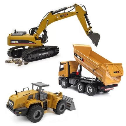HUINA - HUINA 1583/1580/1582 1/14 Yüksek Kalite RC Model - FULL METAL Wheel Loader Damper + FULL METAL Ekskavatör Paletli Kepçe Kazıcı + FULL METAL Damperli Kamyon - Süper Combo Set
