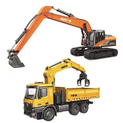 HUINA - HUINA 1575/1551 1/14 Yüksek Kalite RC Model - Uzun Kol Ekskavatör Paletli Kepçe Kazıcı + Tutma Kollu Kepçeli Damperli Kamyon Bundle Set
