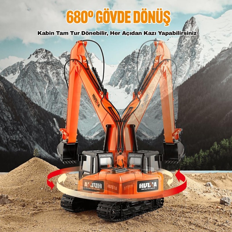 HUINA 1551 1/14 Yüksek Kalite 15CH RC Model Ekskavatör Paletli Kepçe Kazıcı Uzaktan Kumandalı RC İş Makinesi - 2.4G Full Fonksiyon Sesli ve Işıklı Turuncu (Uzun Kol)