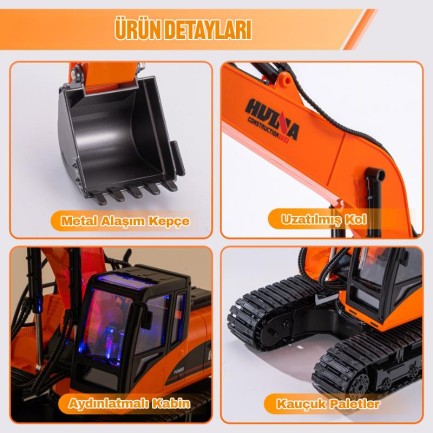 HUINA 1551 1/14 Yüksek Kalite 15CH RC Model Ekskavatör Paletli Kepçe Kazıcı Uzaktan Kumandalı RC İş Makinesi - 2.4G Full Fonksiyon Sesli ve Işıklı Turuncu (Uzun Kol) - Thumbnail