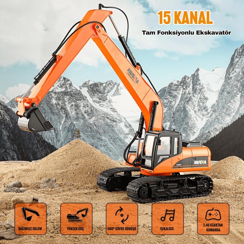 HUINA 1551 1/14 Yüksek Kalite 15CH RC Model Ekskavatör Paletli Kepçe Kazıcı Uzaktan Kumandalı RC İş Makinesi - 2.4G Full Fonksiyon Sesli ve Işıklı Turuncu (Uzun Kol)
