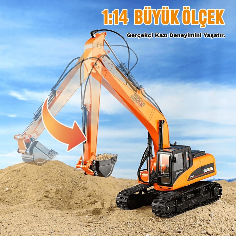 HUINA 1551 1/14 Yüksek Kalite 15CH RC Model Ekskavatör Paletli Kepçe Kazıcı Uzaktan Kumandalı RC İş Makinesi - 2.4G Full Fonksiyon Sesli ve Işıklı Turuncu (Uzun Kol)