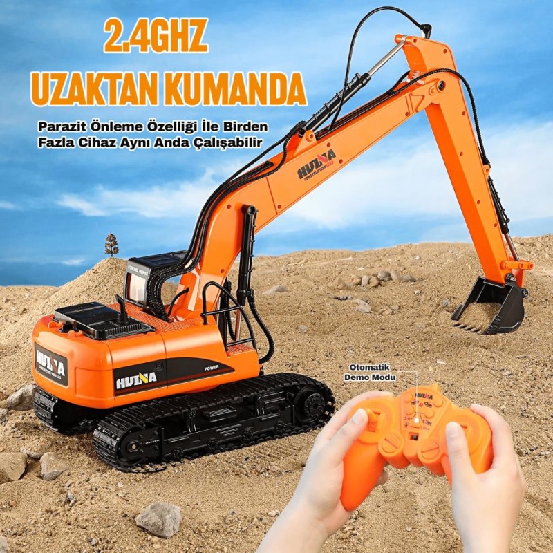 HUINA 1551 1/14 Yüksek Kalite 15CH RC Model Ekskavatör Paletli Kepçe Kazıcı Uzaktan Kumandalı RC İş Makinesi - 2.4G Full Fonksiyon Sesli ve Işıklı Turuncu (Uzun Kol)