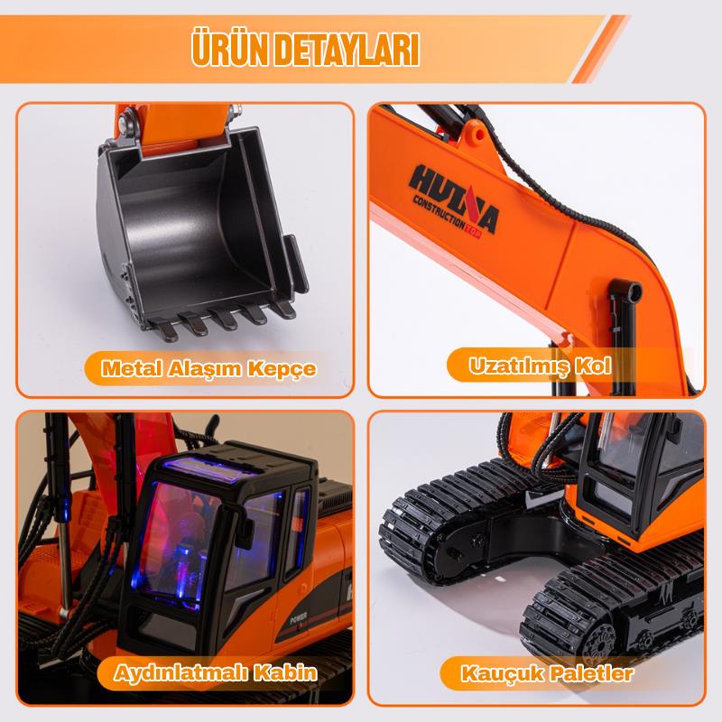 HUINA 1551 1/14 Yüksek Kalite 15CH RC Model Ekskavatör Paletli Kepçe Kazıcı Uzaktan Kumandalı RC İş Makinesi - 2.4G Full Fonksiyon Sesli ve Işıklı Turuncu (Uzun Kol)