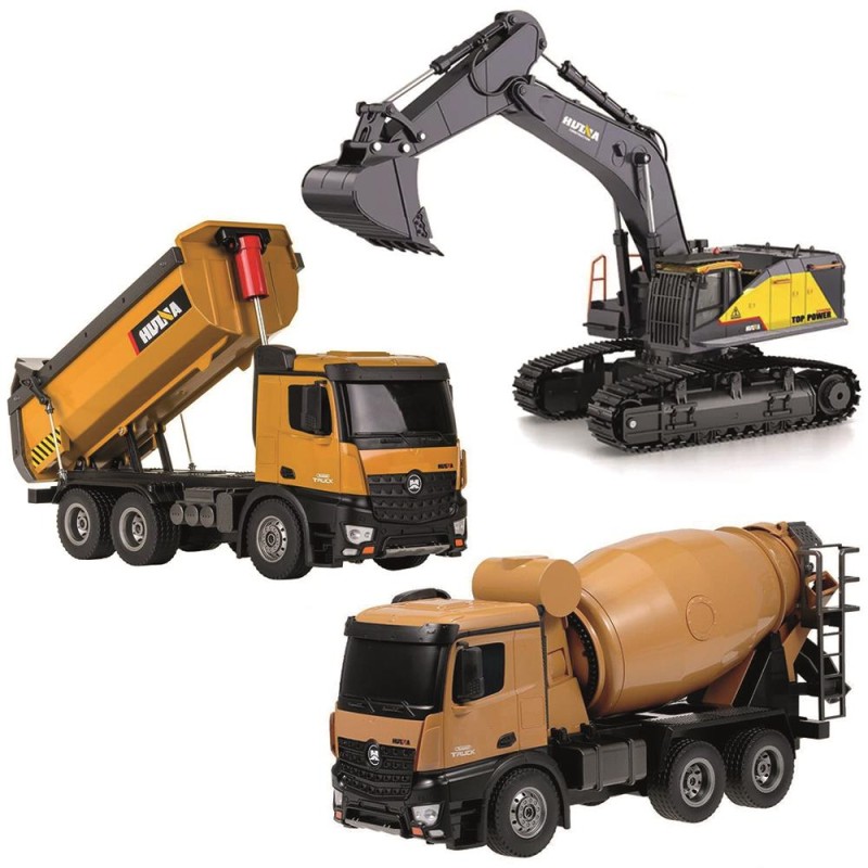 HUINA 1592/1573/1574 1/14 Yüksek Kalite RC Model - FULL METAL Kepçeli Ekskavatör Kazıcı + Damperli Kamyon + Çimento Mikseri - Süper Combo Set