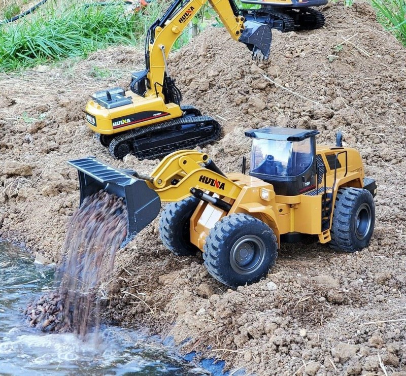 HUINA 1583/1580/1582 1/14 Yüksek Kalite RC Model - FULL METAL Wheel Loader Damper + FULL METAL Ekskavatör Paletli Kepçe Kazıcı + FULL METAL Damperli Kamyon - Süper Combo Set