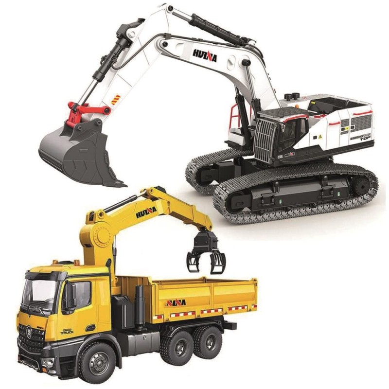 HUINA 1594/1575 1/14 Yüksek Kalite RC Model - Profesyonel Kepçeli Ekskavatör Kazıcı + Tutma Kollu Kepçeli Damperli Kamyon Kombo Set