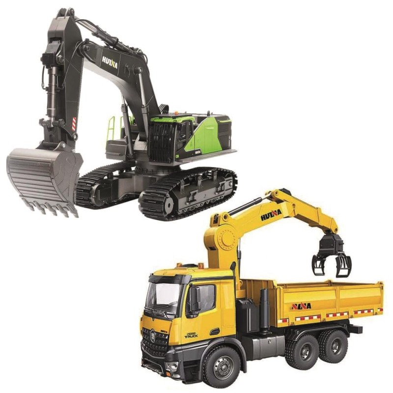 HUINA 1593/1575 1/14 Yüksek Kalite RC Model - Profesyonel Metal Kepçeli Kazıcı Ekskavatör + Tutma Kollu Kepçeli Damperli Kamyon Kombo Set