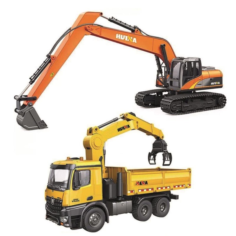 HUINA 1575/1551 1/14 Yüksek Kalite RC Model - Uzun Kol Ekskavatör Paletli Kepçe Kazıcı + Tutma Kollu Kepçeli Damperli Kamyon Bundle Set