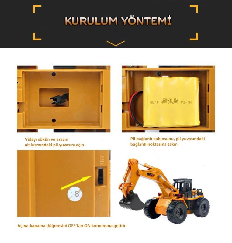 HUINA 1/18 Yüksek Kalite 6 Kanal RC Model Ekskavatör Kepçe Kazici Uzaktan Kumandali Çok Fonksiyonlu RC İş Makinası - 2.4G Kumanda - Işıklı - 1530