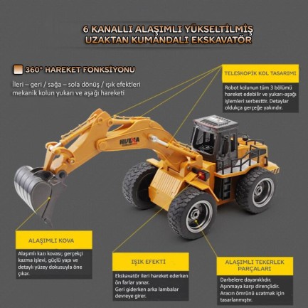 HUINA 1/18 Yüksek Kalite 6 Kanal RC Model Ekskavatör Kepçe Kazici Uzaktan Kumandali Çok Fonksiyonlu RC İş Makinası - 2.4G Kumanda - Işıklı - 1530 - Thumbnail