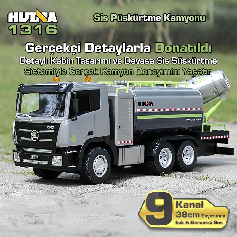 HUINA 1316 1/18 RC Sis Püskürtme Kamyonu İş Makinesi İnşaat Uzaktan Kumandalı RC Model - 2.4Ghz Gerçekçi Similasyon Ses ve Işık Sistemi