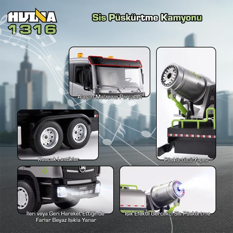 HUINA 1316 1/18 RC Sis Püskürtme Kamyonu İş Makinesi İnşaat Uzaktan Kumandalı RC Model - 2.4Ghz Gerçekçi Similasyon Ses ve Işık Sistemi