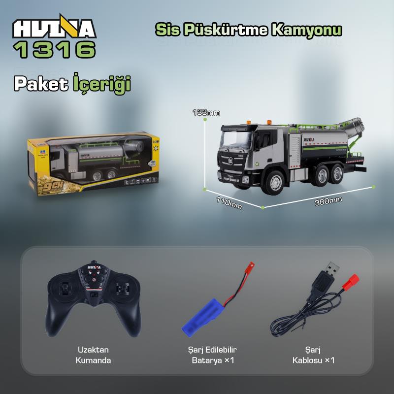 HUINA 1316 1/18 RC Sis Püskürtme Kamyonu İş Makinesi İnşaat Uzaktan Kumandalı RC Model - 2.4Ghz Gerçekçi Similasyon Ses ve Işık Sistemi