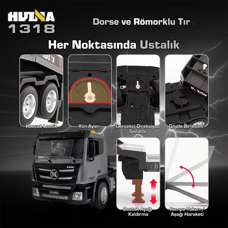 HUINA 1318 1/24 RC Dorse ve Römorklu Tır Kamyon Uzaktan Kumandalı İş Makinesi İnşaat RC Model - 2.4Ghz Gerçekçi Similasyon Ses ve Işık Sistemi